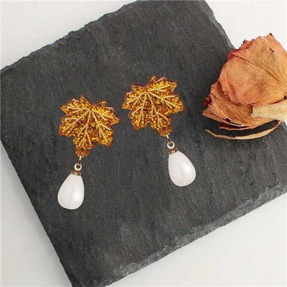 Fall Maple Leaf Earrings | Sparkly Orange Red Dangle Drops - Picture 5 of 5